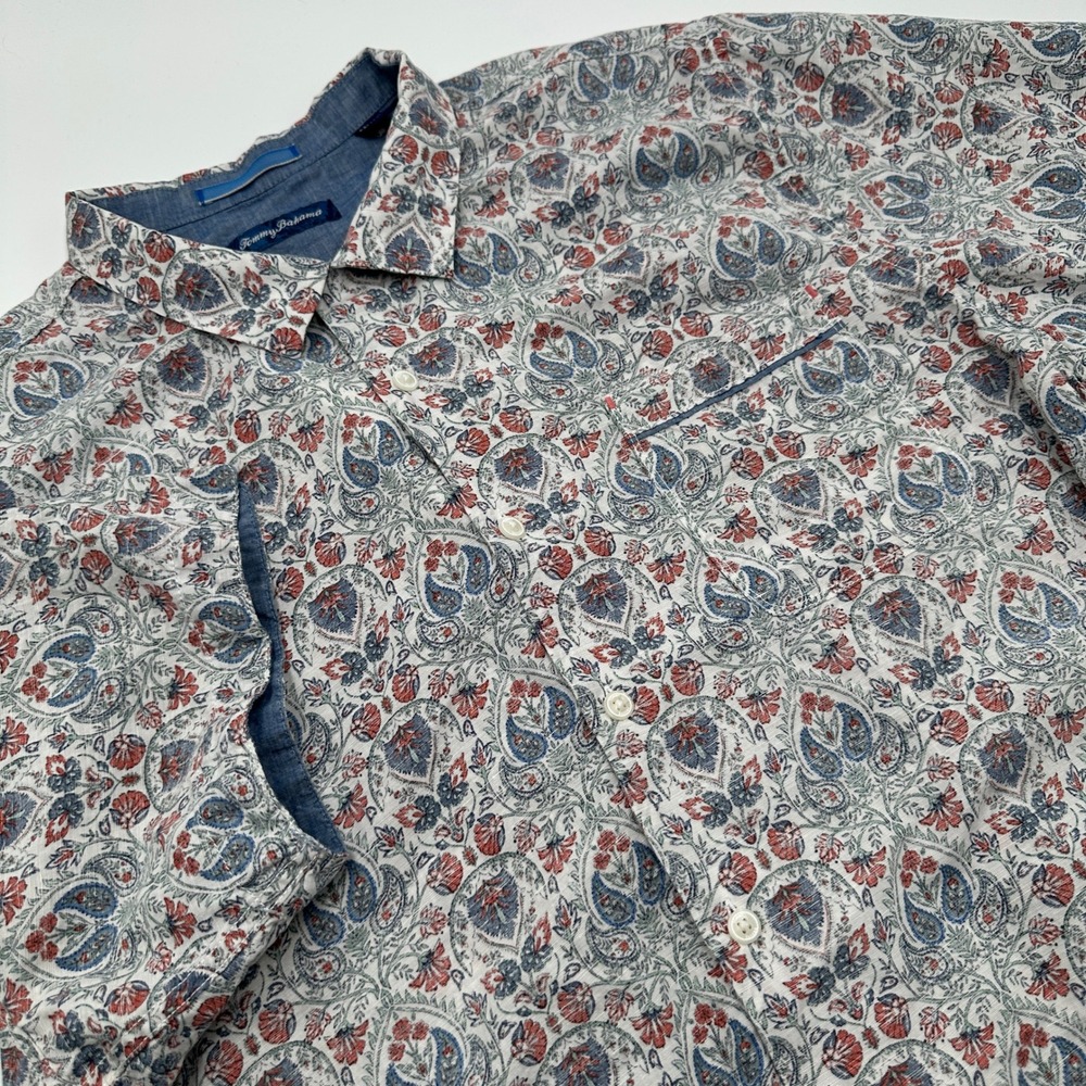 Tommy Bahama Shirt Mens XXL White Blue Paisley Floral Excellent Short Sleeve